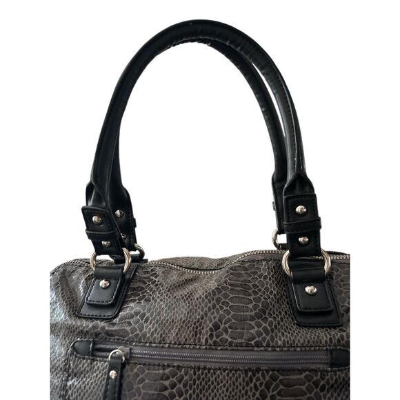 Nine West Black Snakeskin Leather Satchel Handbag Purse Double Handles, Pockets - Picture 6 of 6